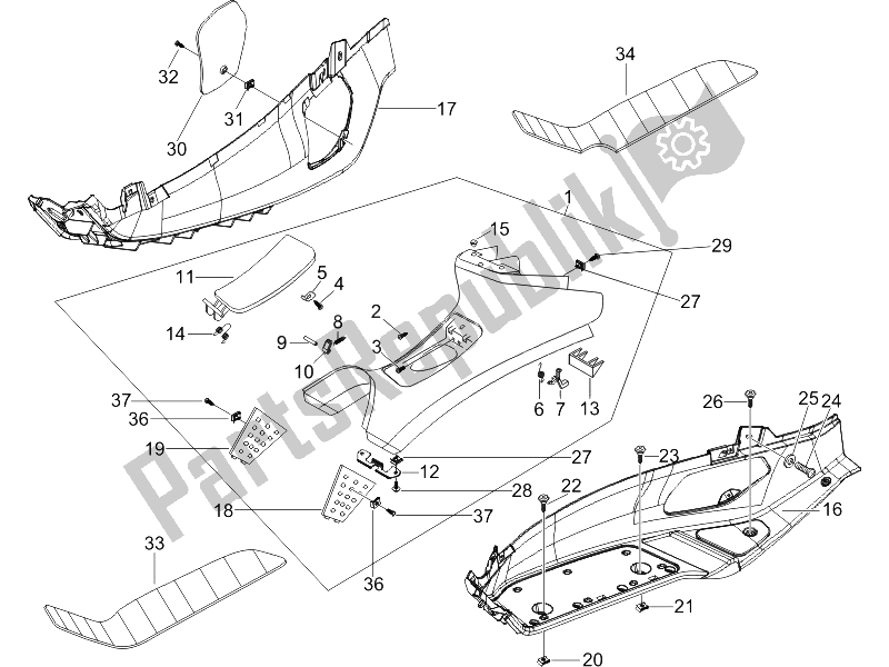 Tutte le parti per il Copertura Centrale - Poggiapiedi del Piaggio X8 125 Potenziato 2005