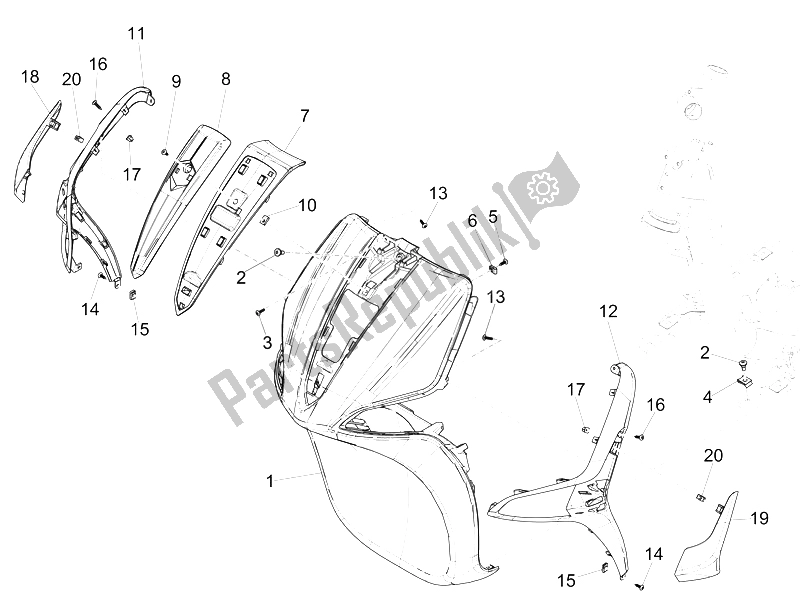 All parts for the Front Shield of the Piaggio Liberty 50 Iget 4T 3V EU 2015