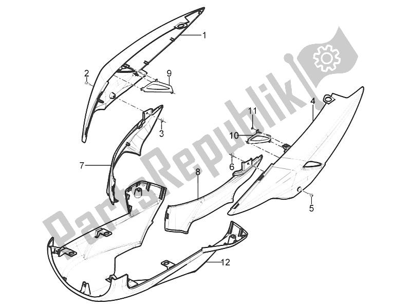 Toutes les pièces pour le Couvercle Latéral - Spoiler du Piaggio Typhoon 50 2T E3 CH 2011