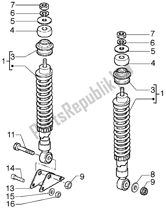 All parts for the Rear Shock Absorber of the Piaggio Hexagon GTX 180 1999