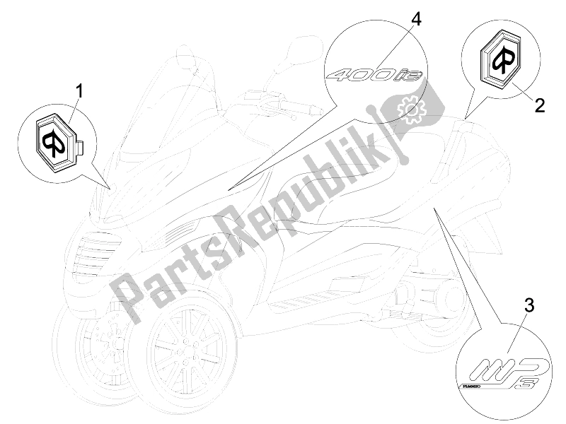 Tutte le parti per il Piatti - Emblemi del Piaggio MP3 400 IE 2007