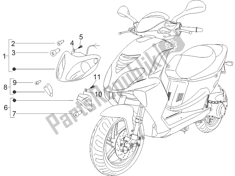 Alle onderdelen voor de Koplampen - Richtingaanwijzers van de Piaggio NRG Power DD H2O CH 50 2011