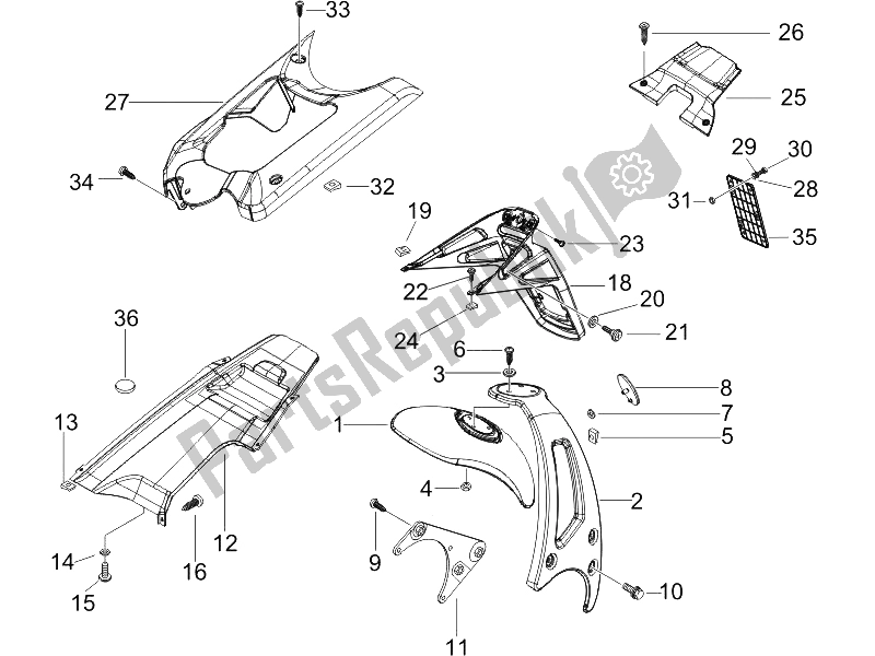 Toutes les pièces pour le Capot Arrière - Protection Contre Les éclaboussures du Piaggio NRG Power Pure JET 50 2005