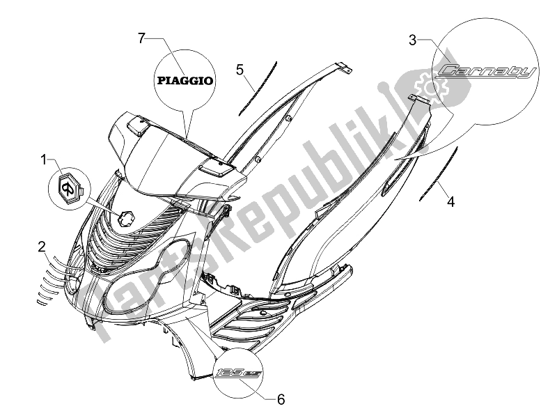 Toutes les pièces pour le Plaques - Emblèmes du Piaggio Carnaby 125 4T E3 2007