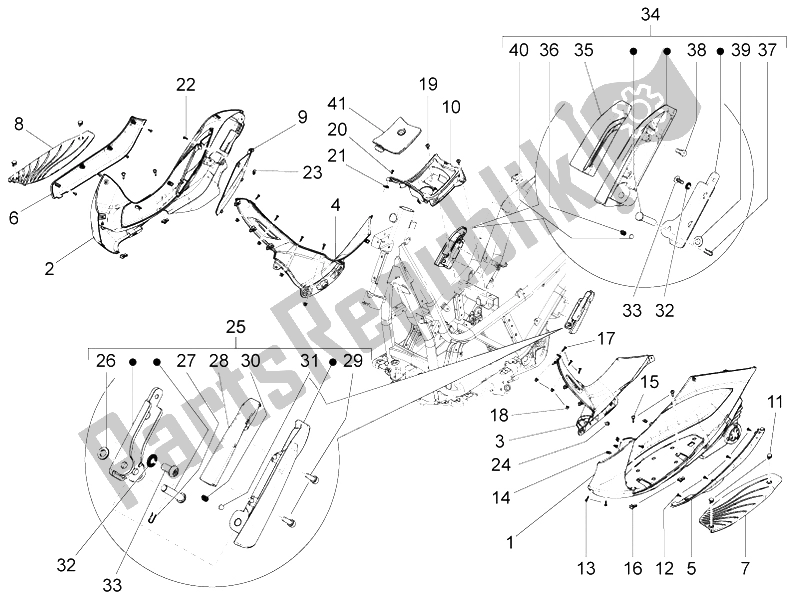 All parts for the Central Cover - Footrests of the Piaggio BV 350 4T 4V IE E3 USA CA 2012