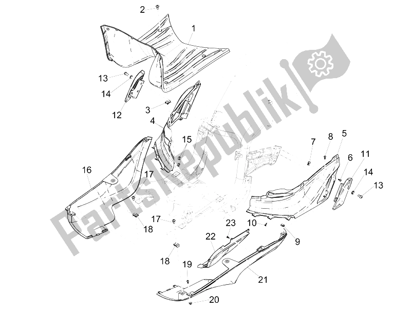 Alle onderdelen voor de Centrale Afdekking - Voetsteunen van de Piaggio Liberty 150 Iget 4T 3V IE ABS 2015