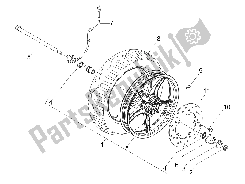 All parts for the Front Wheel of the Piaggio FLY 50 4T USA 2007