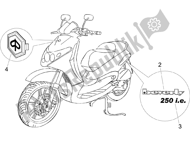 Toutes les pièces pour le Plaques - Emblèmes du Piaggio Beverly 250 E3 2007