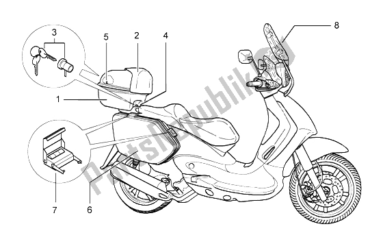 Tutte le parti per il Kit Bagagliaio Posteriore Kit Borse Laterali del Piaggio Beverly 200 2002