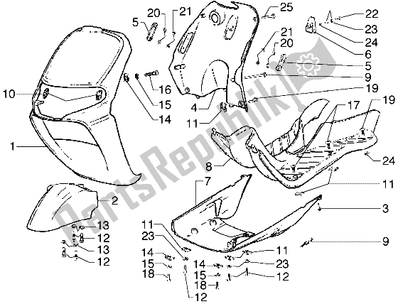 All parts for the Front Shield-footboard-spoiler of the Piaggio Diesis 50 2004