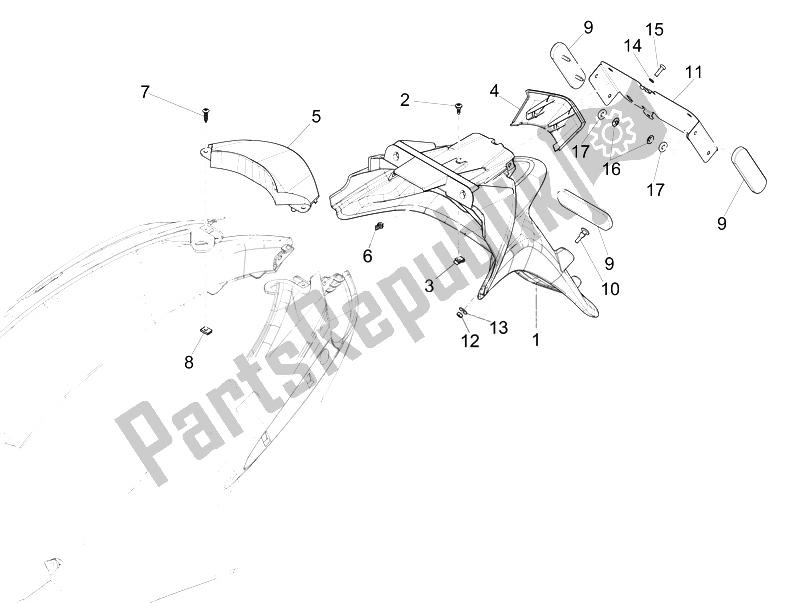 Toutes les pièces pour le Capot Arrière - Protection Contre Les éclaboussures du Piaggio FLY 50 4T 4V USA 2 2014