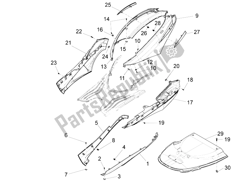 Alle onderdelen voor de Zijdeksel - Spoiler van de Piaggio FLY 50 4T 2V 2014