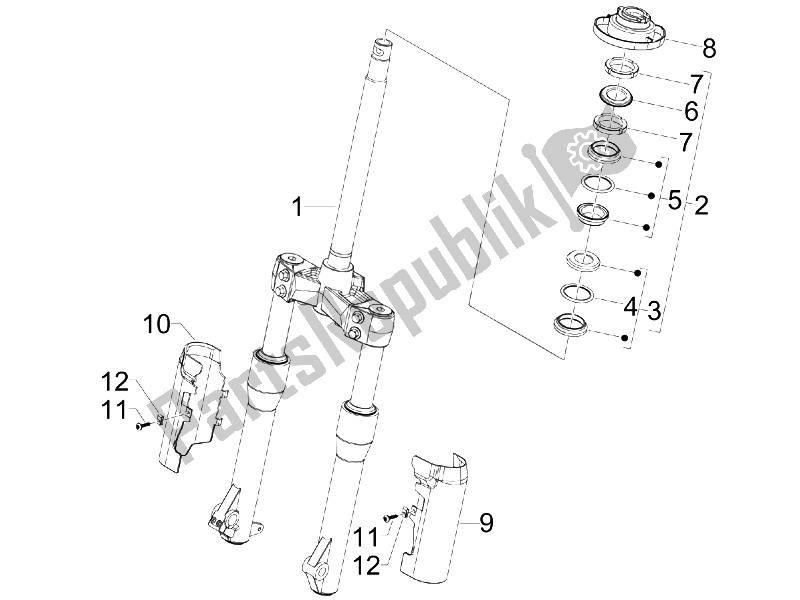 Alle onderdelen voor de Vork / Stuurbuis - Stuurlagereenheid van de Piaggio Beverly 250 IE E3 2006