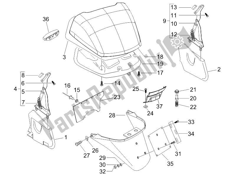 Toutes les pièces pour le Capot Arrière - Protection Contre Les éclaboussures du Piaggio X8 125 Potenziato UK 2005