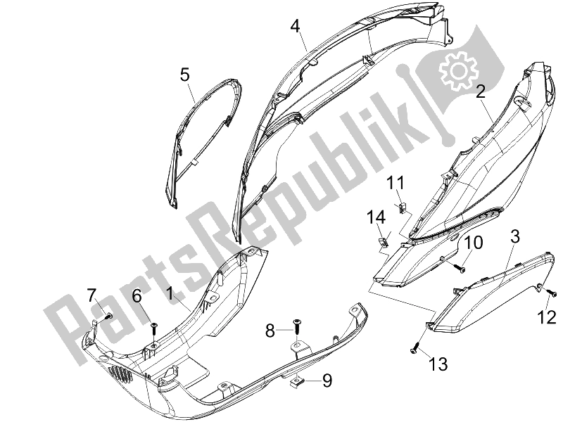 Toutes les pièces pour le Couvercle Latéral - Spoiler du Piaggio FLY 50 4T 25 30 KMH 2008