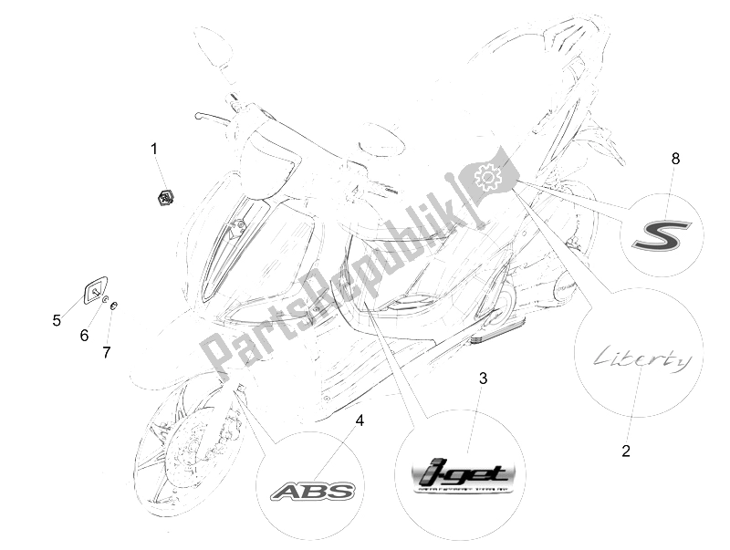 Alle onderdelen voor de Borden - Emblemen van de Piaggio Liberty 150 Iget 4T 3V IE ABS 2015