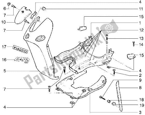 All parts for the Front Shield-footboard-spoiler of the Piaggio Liberty 50 2T 1997