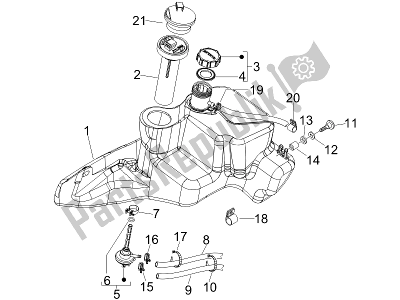 All parts for the Fuel Tank of the Piaggio FLY 50 4T USA 2007