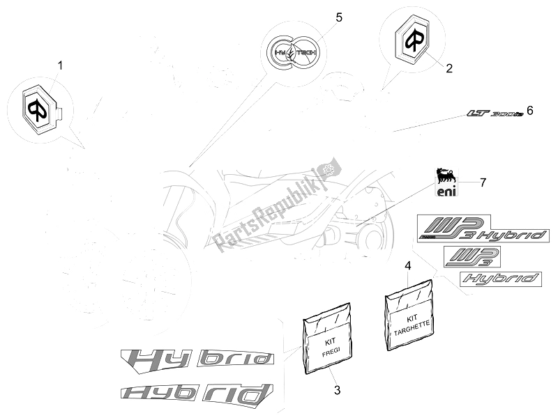 Toutes les pièces pour le Plaques - Emblèmes du Piaggio MP3 300 4T 4V IE ERL Ibrido 2010