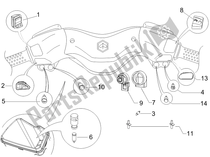 Todas as partes de Seletores - Interruptores - Botões do Piaggio X8 125 Premium Euro 3 UK 2007