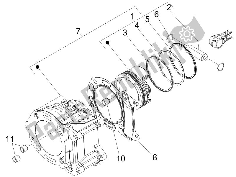 Alle onderdelen voor de Cilinder-zuiger-pols-peneenheid van de Piaggio X9 125 Evolution Euro 3 2007