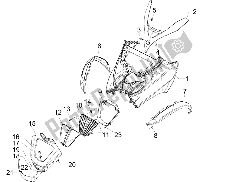 All parts for the Front Shield of the Piaggio MP3 125 Ibrido 2009