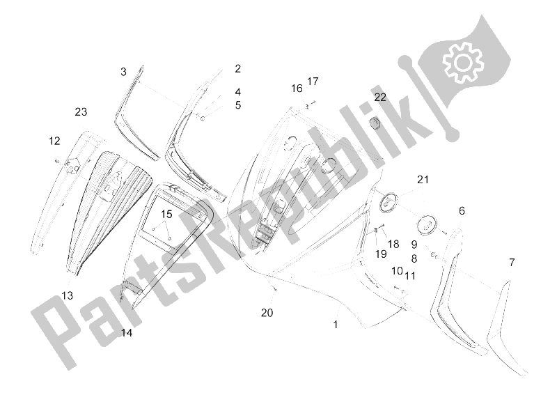 All parts for the Front Shield of the Piaggio BV 300 IE Tourer USA 2009