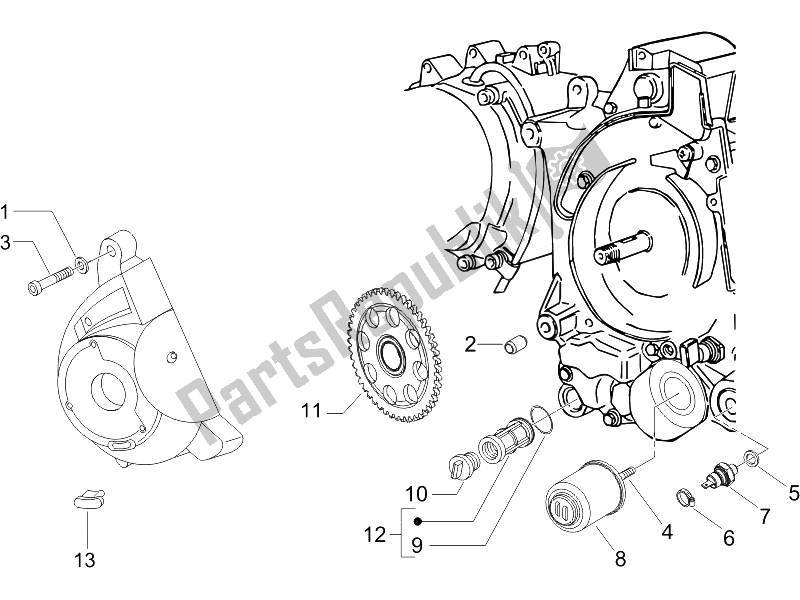 Alle onderdelen voor de Vliegwiel Magneto Deksel - Oliefilter van de Piaggio X9 125 Evolution Potenziato UK 2006