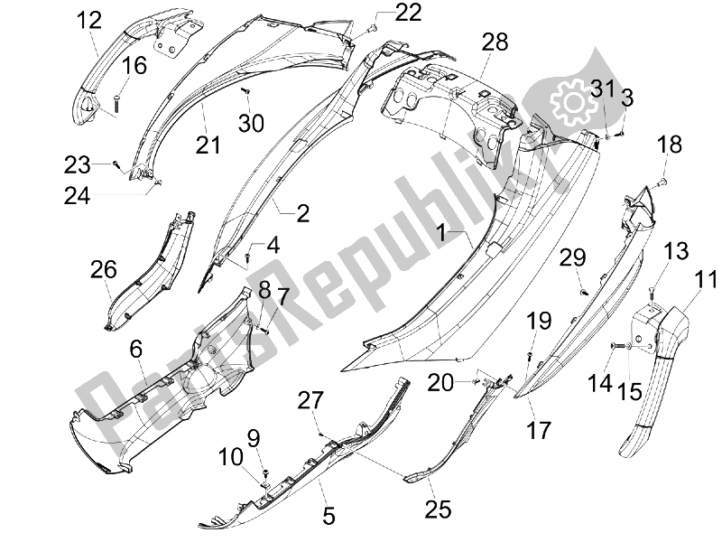 All parts for the Side Cover - Spoiler of the Piaggio MP3 125 2006