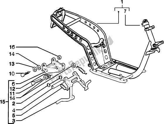 All parts for the Chasis-central Stand of the Piaggio ZIP Catalyzed 50 2000