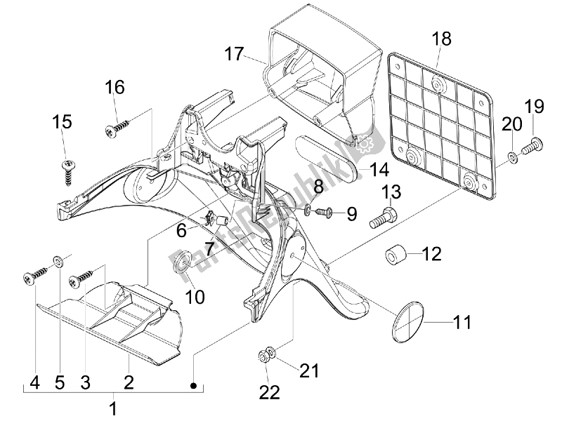 Toutes les pièces pour le Capot Arrière - Protection Contre Les éclaboussures du Piaggio FLY 150 4T USA 2007