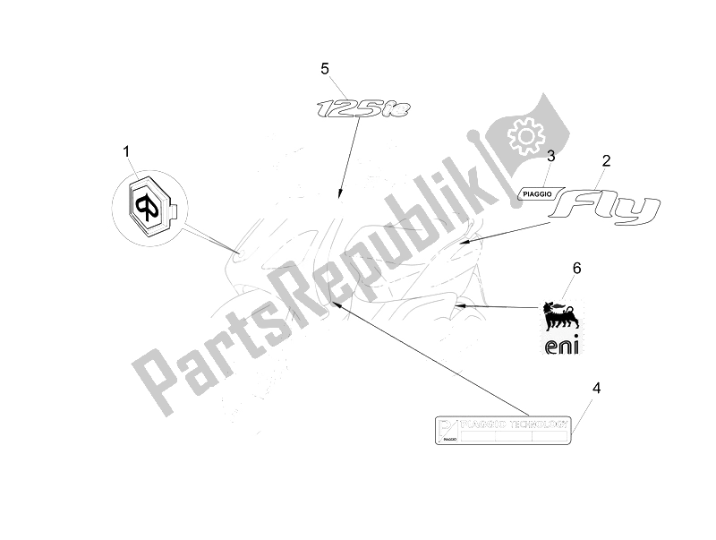 Tutte le parti per il Piatti - Emblemi del Piaggio FLY 125 4T 3V IE E3 DT 2014