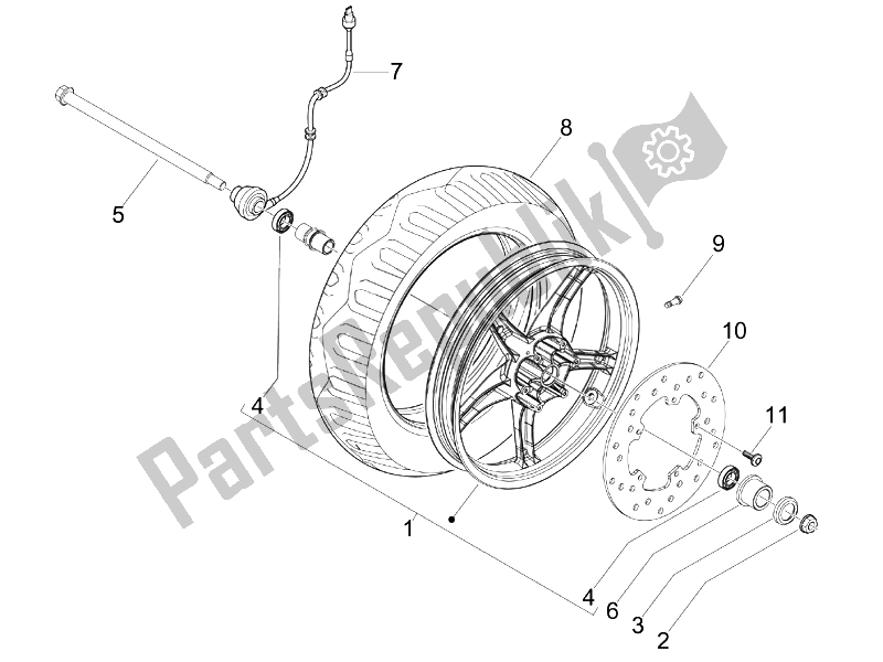 All parts for the Front Wheel of the Piaggio FLY 150 4T USA 2007