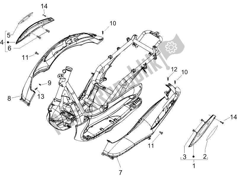 All parts for the Side Cover - Spoiler of the Piaggio Beverly 500 IE E3 2006