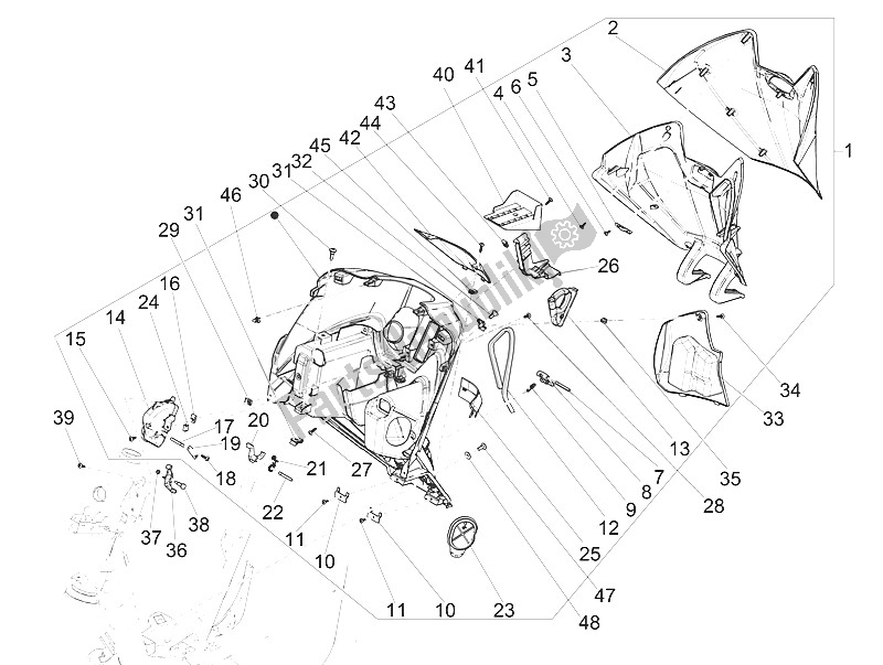 Tutte le parti per il Vano Portaoggetti Anteriore - Pannello Di Protezione Per Le Ginocchia del Piaggio Medley 125 4T IE ABS 2016