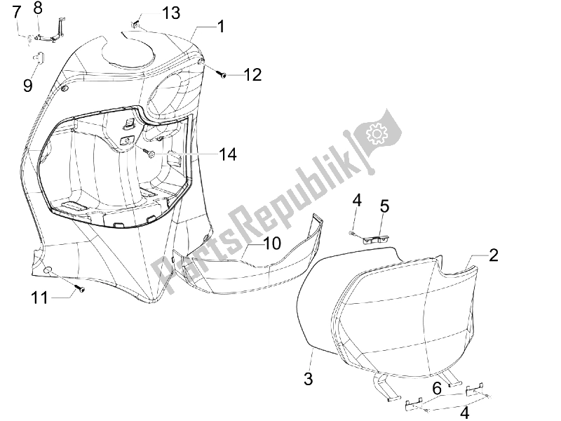 All parts for the Front Glove-box - Knee-guard Panel of the Piaggio FLY 150 4T E3 2008