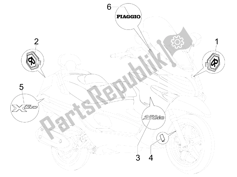 Toutes les pièces pour le Plaques - Emblèmes du Piaggio X EVO 250 Euro 3 UK 2007