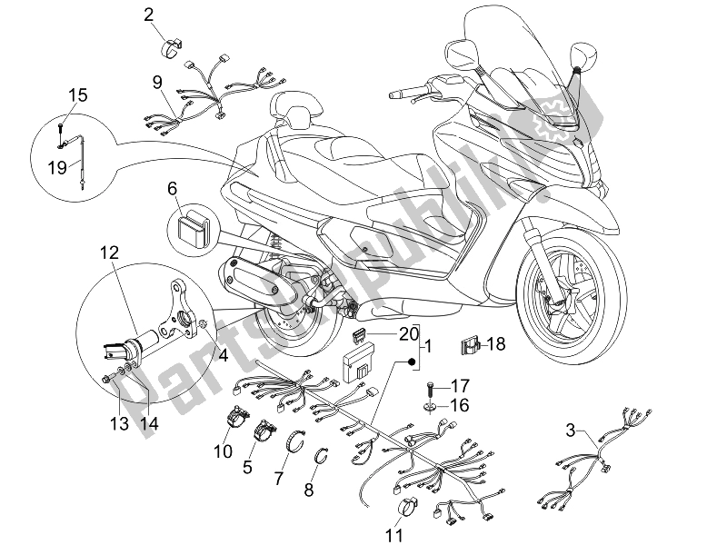 All parts for the Main Cable Harness of the Piaggio X EVO 400 Euro 3 2007