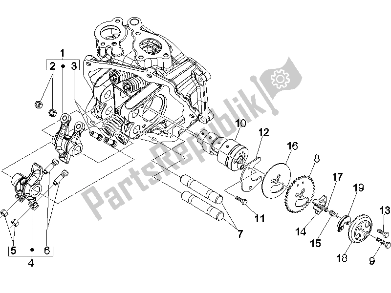 All parts for the Rocking Levers Support Unit of the Piaggio Beverly 250 IE E3 2006