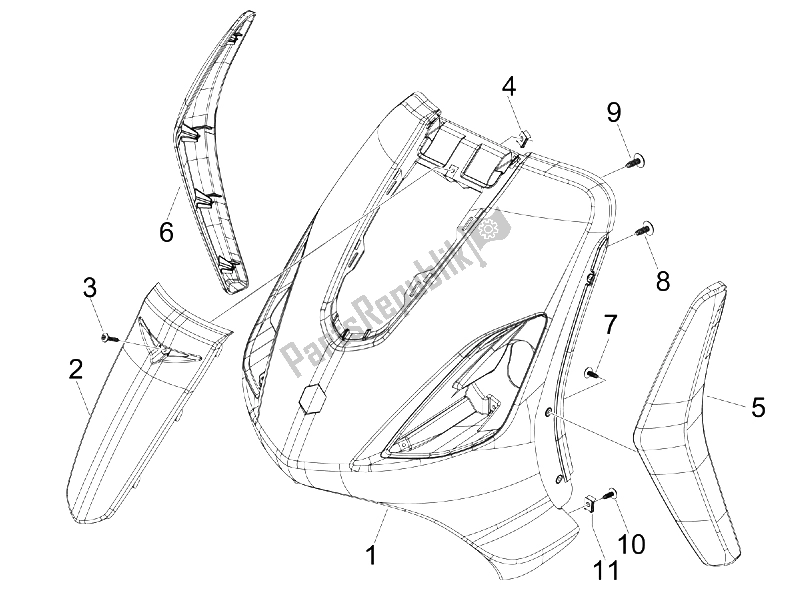 All parts for the Front Shield of the Piaggio FLY 100 4T 2008
