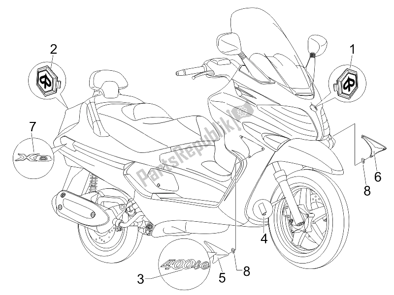 Tutte le parti per il Piatti - Emblemi del Piaggio X8 400 IE Euro 3 2006