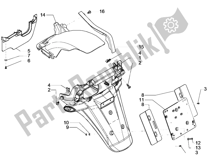 Tutte le parti per il Coperchio Posteriore - Paraspruzzi del Piaggio MP3 300 LT Business Sport ABS 2014