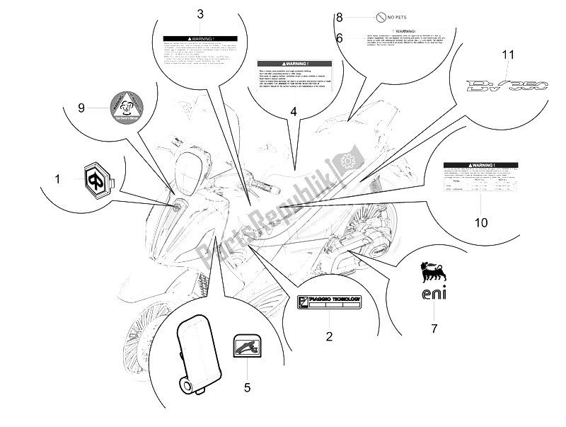 Todas las partes para Placas - Emblemas de Piaggio BV 350 4T 4V IE E3 USA CA 2012