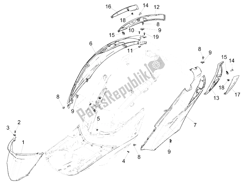 Toutes les pièces pour le Couvercle Latéral - Spoiler du Piaggio Liberty 150 Iget 4T 3V IE ABS EU 2015