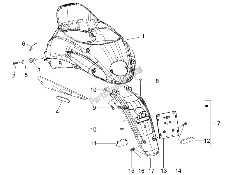 Toutes les pièces pour le Capot Arrière - Protection Contre Les éclaboussures du Piaggio Liberty 50 4T PTT B NL 2007