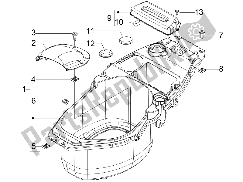 Toutes les pièces pour le Logement De Casque - Sous La Selle du Piaggio FLY 125 4T E3 2007