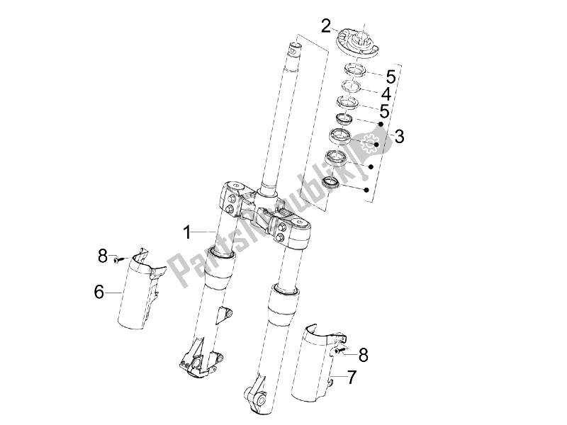 All parts for the Fork/steering Tube - Steering Bearing Unit of the Piaggio BV 500 Tourer USA 2008