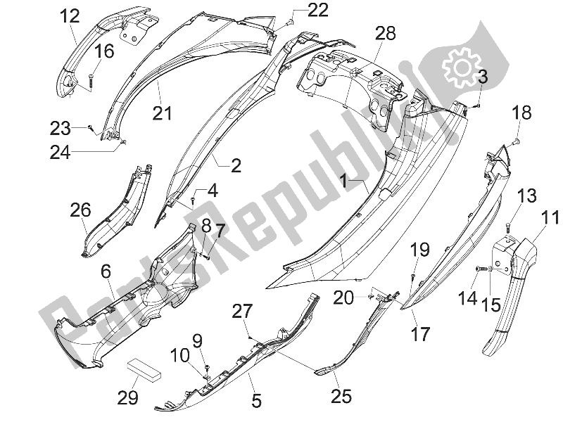 Alle onderdelen voor de Zijdeksel - Spoiler van de Piaggio MP3 300 IE LT Touring 2011