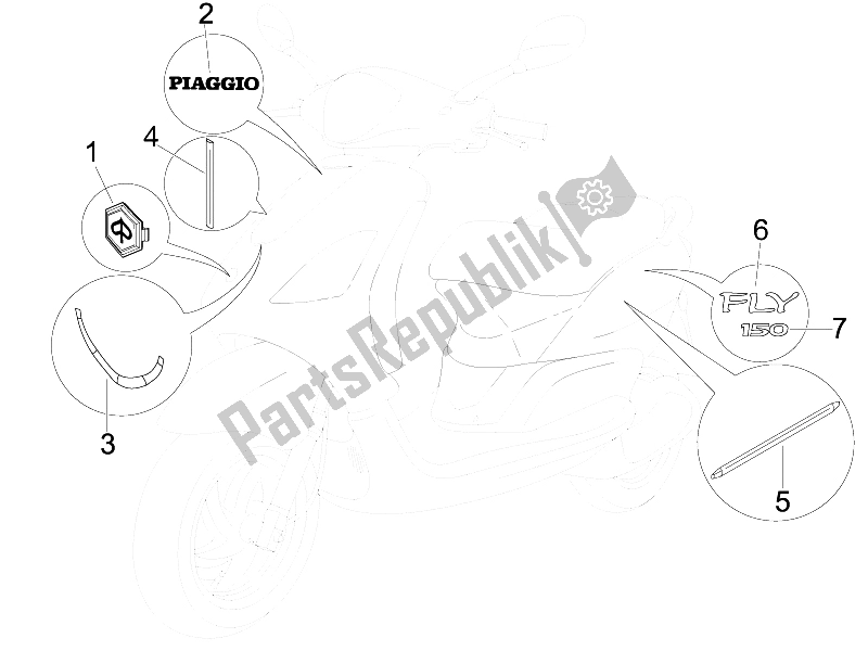 All parts for the Plates - Emblems of the Piaggio FLY 150 4T E3 2008