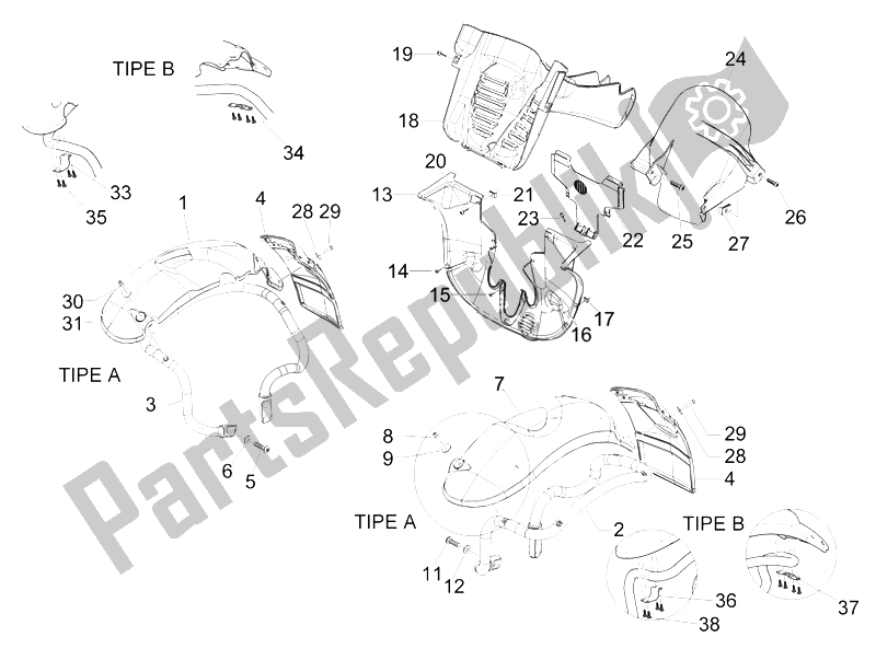All parts for the Wheel Huosing - Mudguard of the Piaggio MP3 125 2006